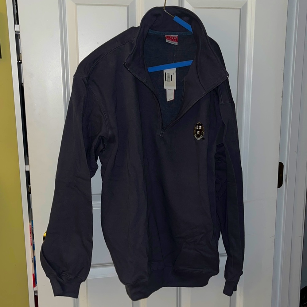 NWT! Harvard university logo 1/2 Zip. Size Large. Dusty Blue w/ pockets